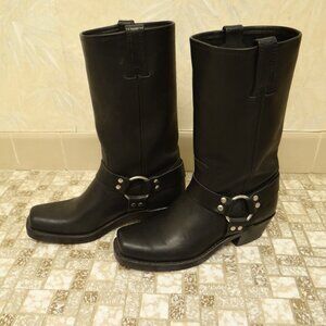 PREOWNED FRYE Harness Motorcycle Boots, Black Leather, Women Size 8M. MSRP $498